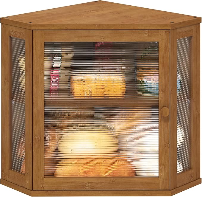 Corner Bread Box for Kitchen Counter, Bamboo Wood Large Capacity Bread Storage Bin with Acrylic Wavy Door Panel (Brown, Meduim)