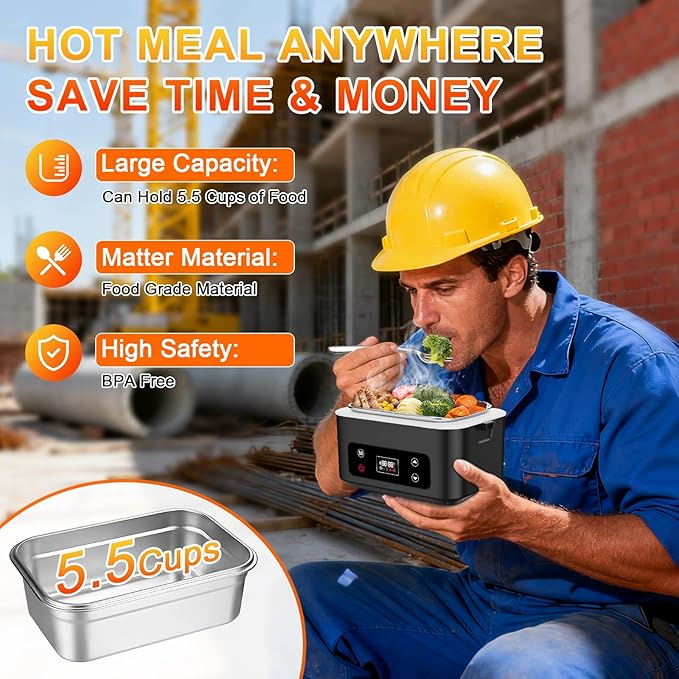 Heated Lunch Box,Electric Lunch Box,Pro 24000mah,Lunch Box Battery Powered, 5.5 Cups Portable Food Heater-3D-5 Side Heating-Intelligent Temperature Control,Suitable For Trucks,Offices(Black/White)