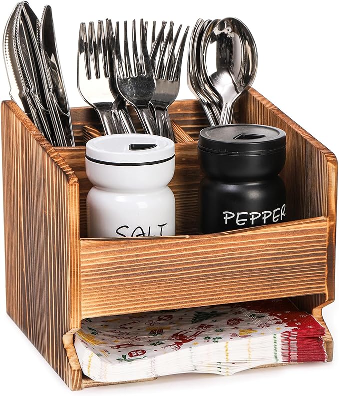 yarlung Wooden Utensil Caddy Flatware Holder, 5 Compartment Kitchen Sliverware Organizer Napkin Holder for Party, Dining Table, Restaurant or Outdoor