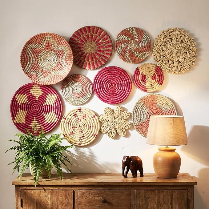 Tatuo 11 Pcs Boho Wall Basket Decor Decorative Bulrush Woven Basket Wall Decor Art Round Farmhouse Hanging Baskets for Kitchen Rustic Home Summer Decorations, Multi Sizes (Pink)