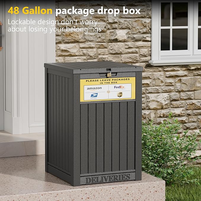 Package Delivery Box for Outside with Sign, 48 Gallon Storage with Lockable Secure, Large Double Wall Resin Outdoor Package Delivery Waterproof