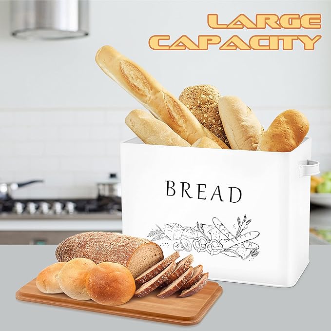 E-far Bread Box for Kitchen Countertop, Metal Bread Storage Container Bin with Bamboo Lid for Cutting Bread, Extra Large & Farmhouse Style, 13” x 7.2” x9.8”, White