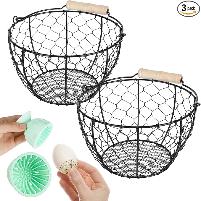 2 Pcs Egg Basket With Handle,Wire Egg Basket for Gathering Fresh Eggs, Round Egg Collecting Basket for Farm,Vintage Style Chicken and Duck Eggs Basket Egg Countertop Storage Container Holder ﻿