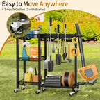 Broom Holder with Cleaning Supplies Organizer Load 350 LBS Cleaning Cart with Wheels Broom Closet Storage with 3-Tier Shelves, 6 Mop Hanger Grippers, 3 Double-Hooks, Vacuum Stand for Laundry Garage