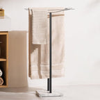 Bathroom Towel Rack Freestanding Floor Stand: Black 36in 2‑Bar Weighted Marble Base Towel Holder, Rustproof 304 Stainless Steel Drying Rack for Bath&Hand Towels, No‑Drill Slim Organizer, Spa Pool