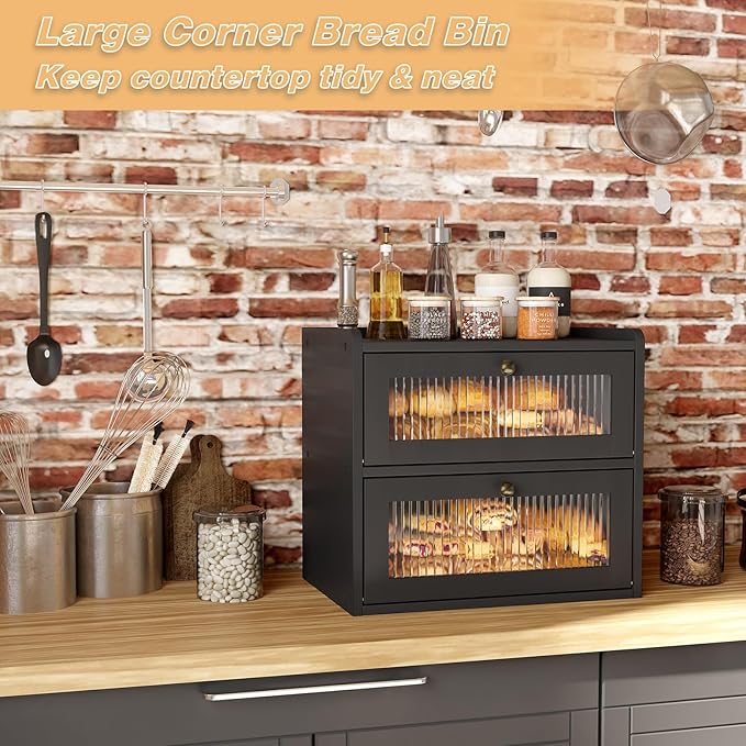 Double Layer Large Bread Box for Kitchen Counter, Wooden Corner Bread Storage Container with Acrylic Window, Black