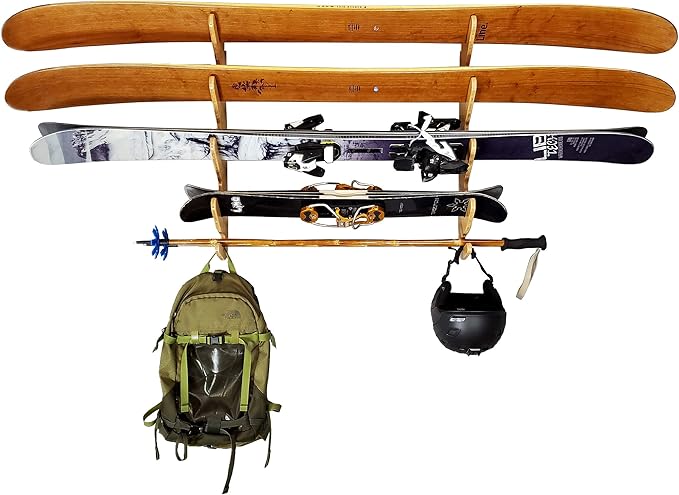 Grassracks Ski Wall Rack - Bamboo Indoor Horizontal Ski Wall Mount Hallsteiner Series - Masterfully-Crafted Premium Indoor Ski Display Wall Hanger (3 or 4 Pairs of Skis, Bamboo)