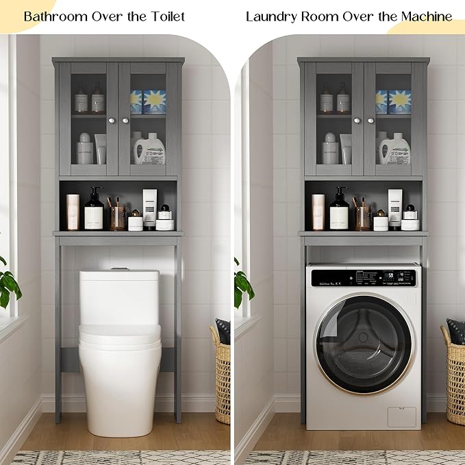Walsunny Over Toilet Storage Cabinet, BathroomShelf Organizer Over Toilet, Washing Machine Box, Space Saver with Adjustable Decorative Racks（Gray）