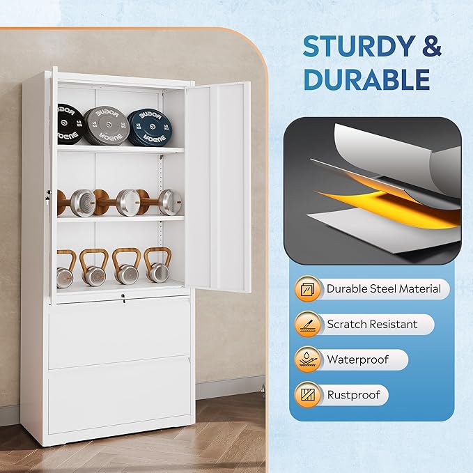 DEVAISE 71" Metal Storage Cabinet, 2-Drawer Lateral File Cabinet, Adjustable Shelves & Doors, White Garage Storage Cabinet, Heavy Duty Tall Cabinet for Home Office, Garage Organization