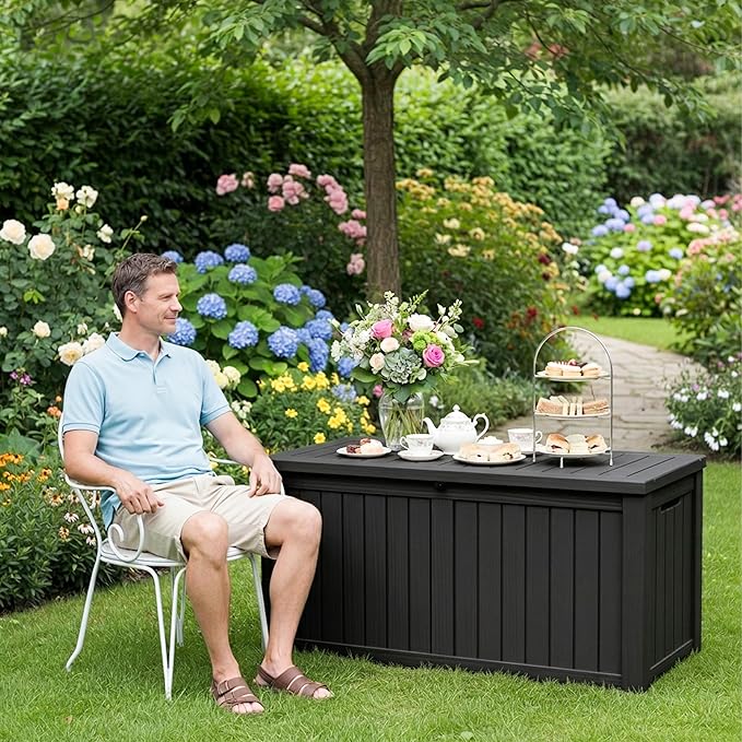 150 Gallon Deck Box Outdoor, Waterproof Outdoor Storage Boxes with Lids, Outside Resin Lockable Storage Box for Patio Cushions, Garden Tools(Black)