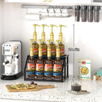 Coffee Syrup Rack Organizer, Syrup Bottle Holder Stand for Coffee Bar, 2-Tier 8 Bottles Storage Shelves for Syrup, Wine, Dressing for Kitchen Countertop, Black