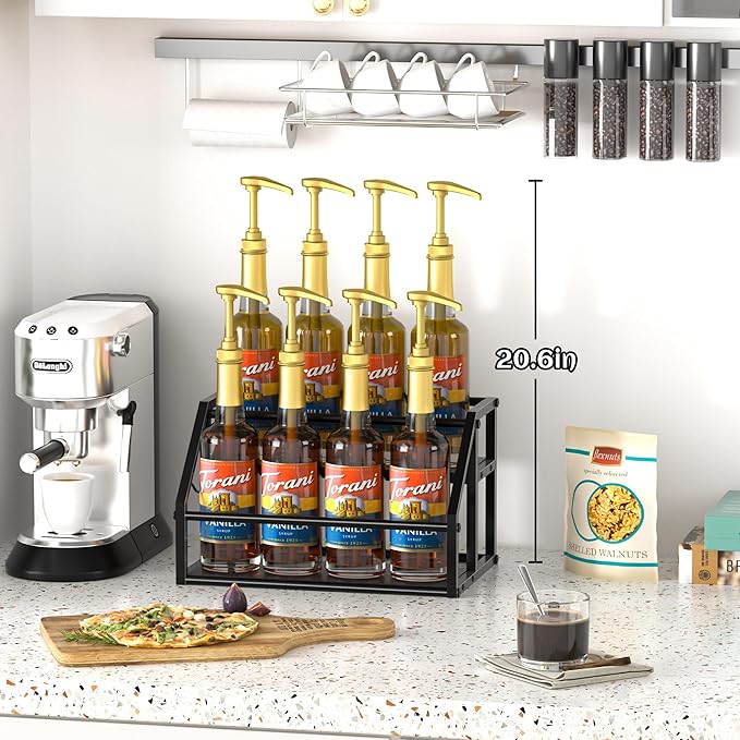 Coffee Syrup Rack Organizer, Syrup Bottle Holder Stand for Coffee Bar, 2-Tier 8 Bottles Storage Shelves for Syrup, Wine, Dressing for Kitchen Countertop, Black