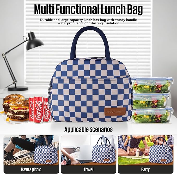 Lunch Bag Women/Men Lunch Box Women/Men (Blue+Beige Checkerboard)
