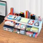 LETURE Small Desk Organizer With Drawer, Office Desktop Storage Box, Business Card/Pen/Pencil/Mobile Phone/Stationery Holder Storage Box, Makeup Organizer for Office School Home (Blue)