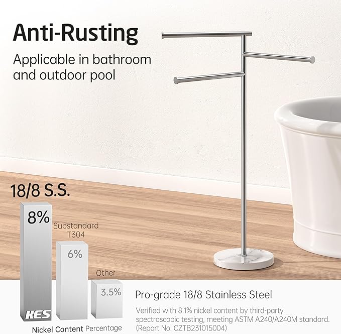 KES Free Standing Towel Racks for Bathroom, 3 Swivel Bars 40-Inch Bath Towel Rack Stand with Weighted Marble Base, Premium 18/8 Stainless Steel Polished Finish, BTH219