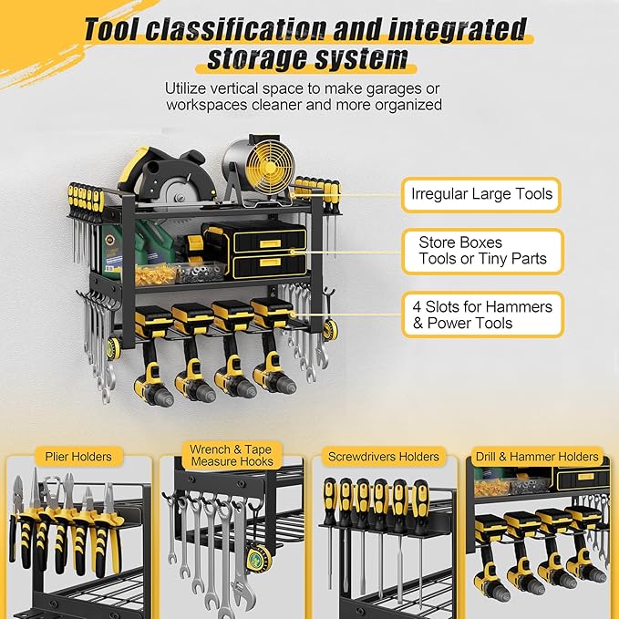 Power Tool Organizer Wall Mount, 3-Tier Tool Storage Rack with 4 Drill Holders, 150LBS Load Heavy Duty Cordless Tool Shelf for Garage Organization, Gift for Men