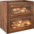 Double Layer Large Bread Box for Kitchen Counter, Wooden Corner Bread Storage Container with Acrylic Window, Retro Brown