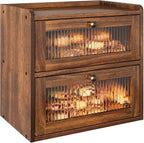 Double Layer Large Bread Box for Kitchen Counter, Wooden Corner Bread Storage Container with Acrylic Window, Retro Brown
