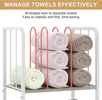 Towel Rack Free Standing 3-Tier M-Shaped Detachable Dividers, Durable Metal Holder, Pool Towel Rack, Space-Saving Towel Storage Organizer, Modern Bath Towel Shelf for Home, Poolside, White