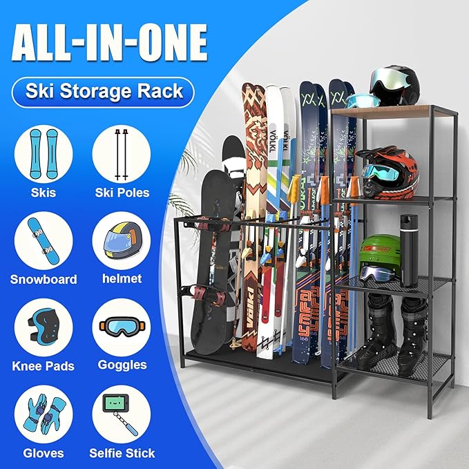Freestanding Ski Rack, Ski Storage Rack w/Width-Adjustable Bars, Ski & Snowboard Rack Organizer for Garage, Home