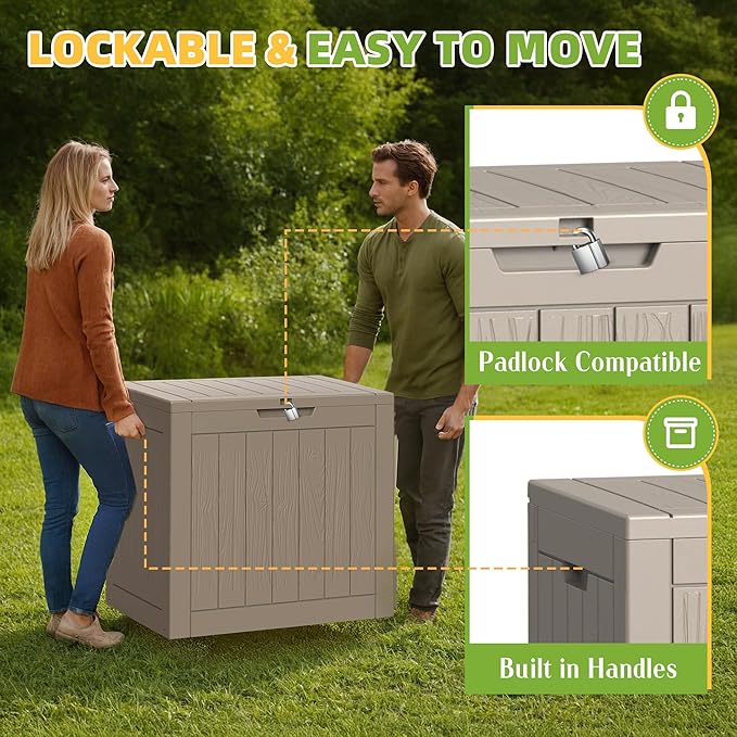 Vixzen 30 Gallon Waterproof Resin Deck Box, UV Resistant Outdoor Storage for Garden, Patio, Porch, Delivery, （Grey，30 Gallon）
