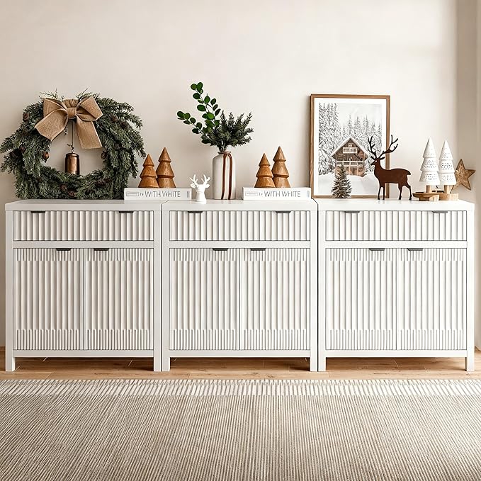 FLOWBACK Buffet Cabinet with Storage,Modern Credenza with Fluted Doors & Shelves Coffee Bar Media Console Accent Cabinets for Living Room, Entryway (White, 2 Door + 1 Drawer(3 Piece))