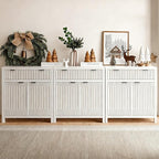 FLOWBACK Buffet Cabinet with Storage,Modern Credenza with Fluted Doors & Shelves Coffee Bar Media Console Accent Cabinets for Living Room, Entryway (White, 2 Door + 1 Drawer(3 Piece))