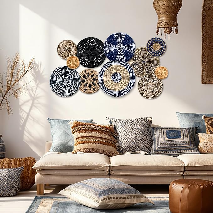 Tatuo 11 Pcs Boho Wall Basket Decor Decorative Bulrush Woven Basket Wall Decor Art Round Farmhouse Hanging Baskets for Kitchen Rustic Home Summer Decorations, Multi Sizes (Blue)