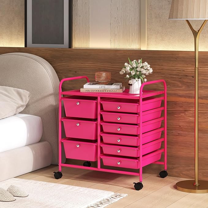 RELAX4LIFE 9 Drawer Rolling Storage Cart - Mobile Drawer Carts for Craft Art Supply Paper Salon, Utility Cart on Wheels for Classroom Teacher School Office, Rolling Cart with Drawers (Hot Pink)