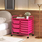 RELAX4LIFE 9 Drawer Rolling Storage Cart - Mobile Drawer Carts for Craft Art Supply Paper Salon, Utility Cart on Wheels for Classroom Teacher School Office, Rolling Cart with Drawers (Hot Pink)