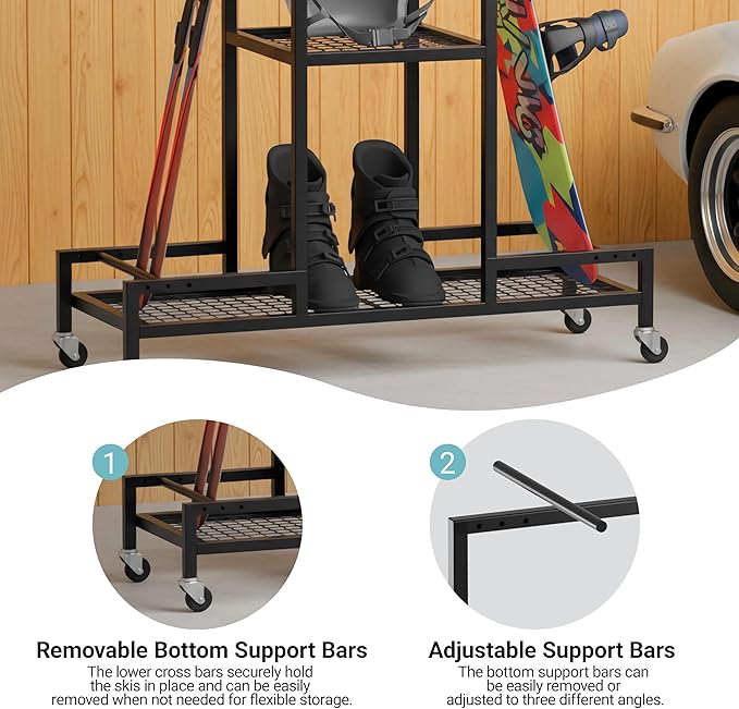 Standing Ski Storage Rack, Holds Snowboards & Skis, 3-Tier Organizer for Gear, Black - Ski Rack for Garage (without antislipmat)
