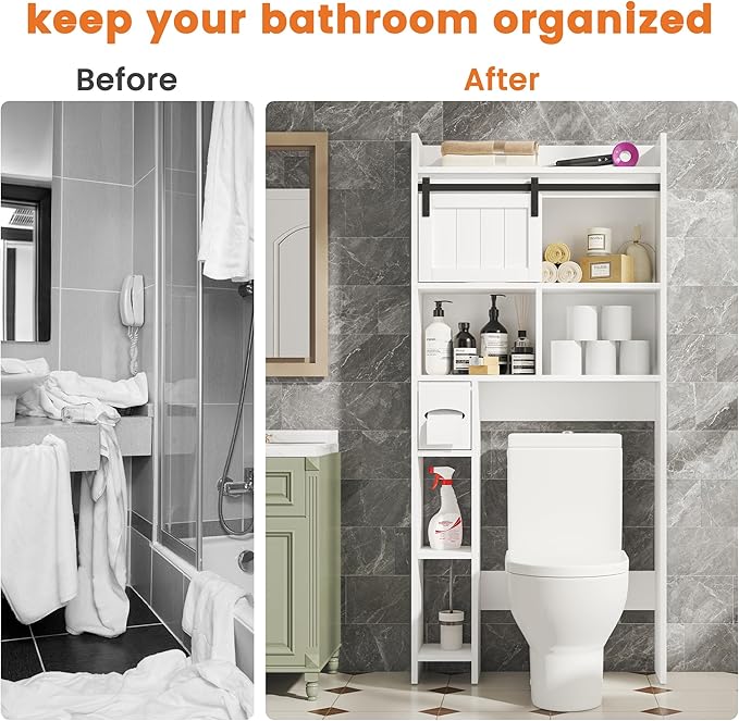 Semoic Over The Toilet Storage Cabinet, Over The Toilet Shelf with Sliding Door & Toilet Paper Holder Stand, Bathroom Above Toilet Storage, Home Space-Saving Toilet Rack for Bathroom, Restroom,White