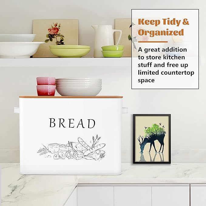 E-far Bread Box for Kitchen Countertop, Metal Bread Storage Container Bin with Bamboo Lid for Cutting Bread, Extra Large & Farmhouse Style, 13” x 7.2” x9.8”, White