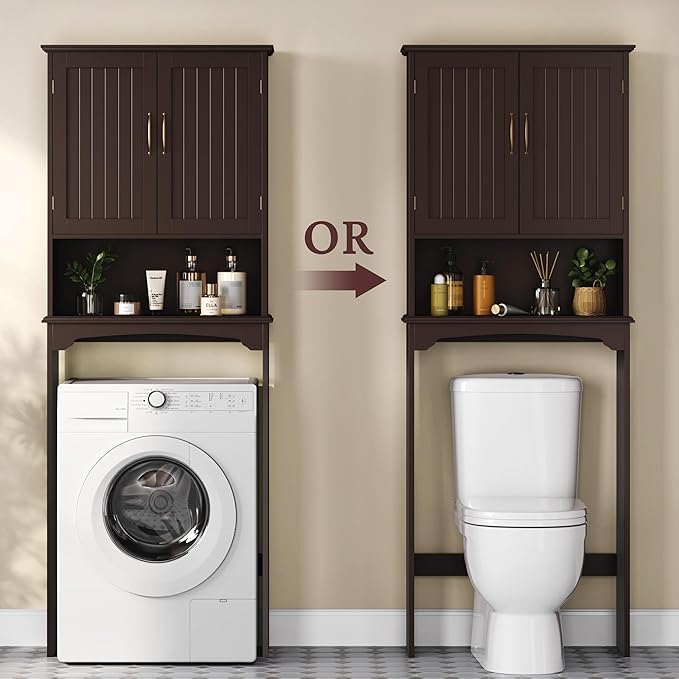 Topeakmart Over The Toilet Storage Cabinet Bathroom Organizer with Adjustable Shelf & Double Doors for Toilet, Home Space-Saving Furniture, L24.5xW9xH66 Inches, Espresso
