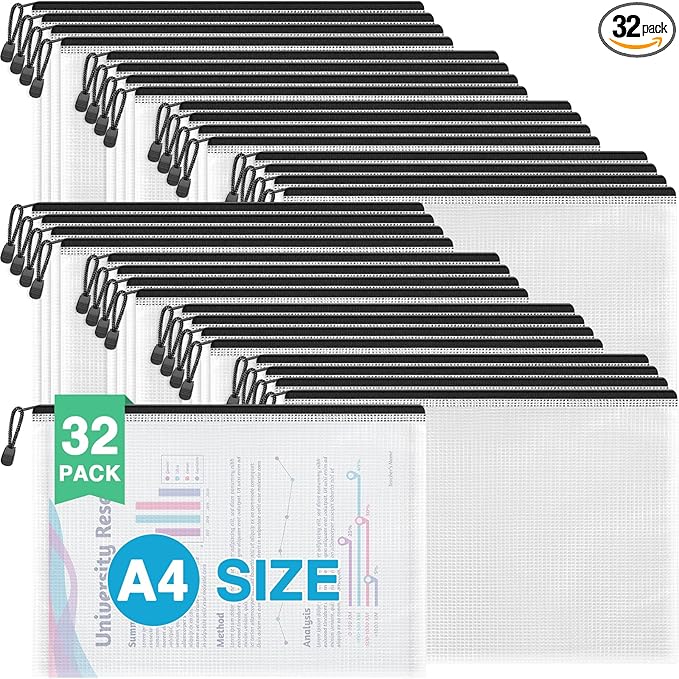Umriox 32PCS Mesh Zipper Pouch, Waterproof Zipper Bags for Organizing, A4 Letter Size, Storage Bags for Board Game Toy, Puzzles, School Office Supplies