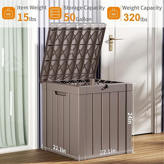50 Gallon Resin Deck Box, Lockable Patio Outdoor Storage Box for Furniture, Garden Tools and Tools Storage, Waterproof Outside Storage Boxes - Grey