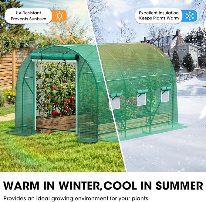 Grezone Walk-in Greenhouse Upgraded Green House with Dual Zippered Screen Doors & 6 Screen Windows Heavy Duty Plastic Plant Warm House with Reinforced Frame (10x7x7 FT)