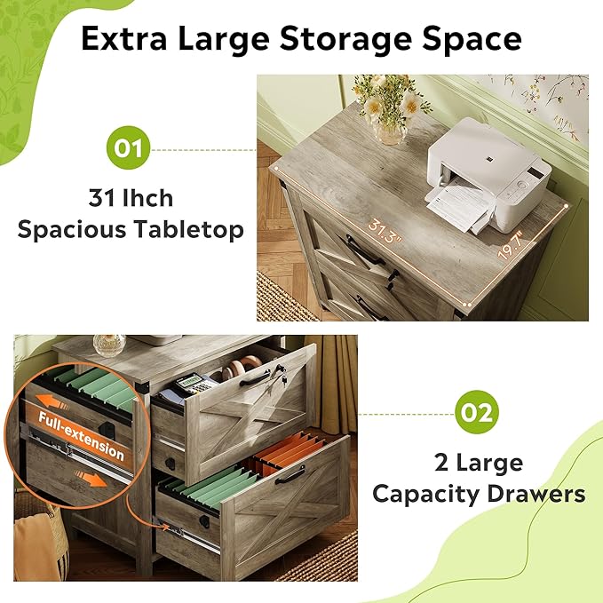 DEVAISE 2 Drawer Farmhouse File Cabinet with Lock, Lateral Filing Cabinet for Letter/Legal/A4 Size, Wood Printer Stand for Home Office, Gray Oak