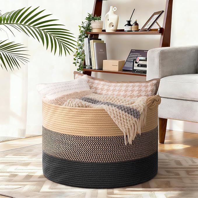 CherryNow 22"x22"x14" Large Blanket Basket, Home Décor for Living Room Bedroom, Decorative Wicker Woven Basket for Clothes, Toy Storage Basket for Kids, Camel Mix & Black