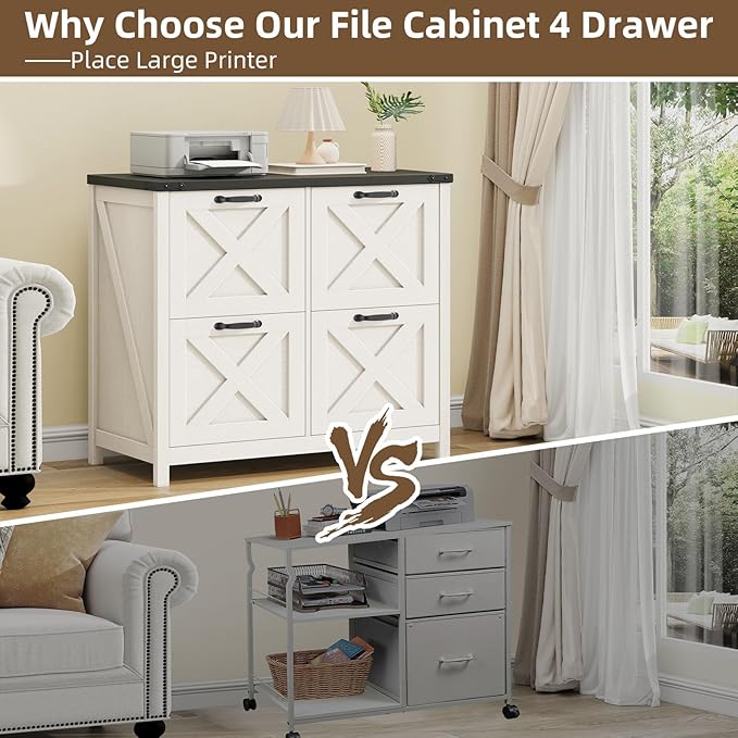 Lateral File Cabinet with 4 Drawers, Farmhouse File Cabinet for Letter/A4 Size Hanging Files, Large Wood File Storage Cabinets Printer Stand for Home Office Cabinets, Rustic White and Black