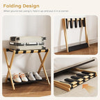 Fully Assembled Luggage Racks Pack of 2, Bamboo Natural Foldable Luggage Rack for Guest Room, Suitcase Stand with Fabric Storage Shelf for Hotel, 5 Nylon Straps, 26.77" W x 16.93" D x 22.5" H