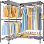E15 Pro Garment Rack L Shaped Clothes Rack for Corner，Freestanding Clothing Racks for Hanging Clothes，Heavy Duty Closet System with 4 Hanging Rods & 8 S Hooks，48.8"W x 15.8"D x 78.4"H，Grey