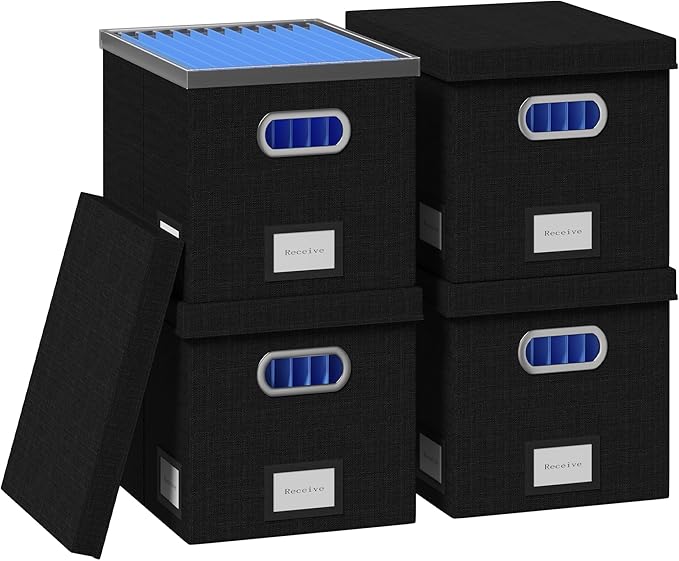 File Organizer Box - File Boxes for Hanging Files with Lid Set of 4 Decorative Hanging Folders Organizer with One-Piece Plastic Frame Slides (Black, 13.2 * 10.1 * 10.1in(4Pack))