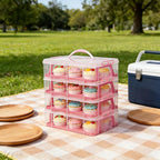 Cupcake Carrier Stackable Storage Container Collapsible Cake Carrier with Lid and Handle, with 50 PCS Cupcake liners,Reusable Plastic Dessert Travel Container,Transport Box (48 Cupcakes Pink)