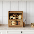 TQVAI Roll Top Bread Box for Kitchen Countertop, Keep Fresh Longer, Easy to Maintenance, Double Layer Vintage Wooden Breadbox with Window for Homemade Bread, Sandwich Loaves, Baked Goods (Retro Brown)