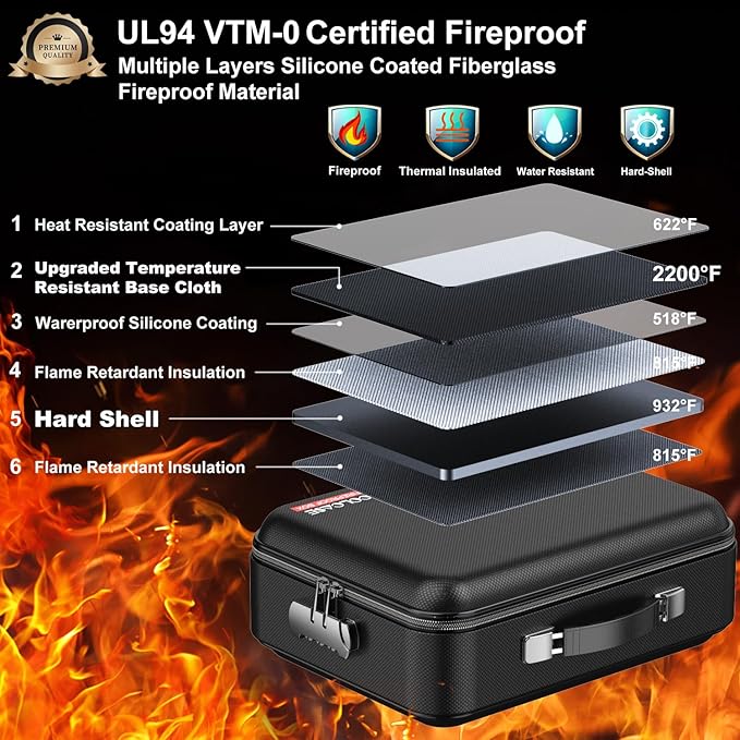 COLCASE Fireproof Document Box with Lock, Hard Fireproof Waterproof Box Creative Hard-Shell Design Fireproof Safe Box Document Organizer for Important Documents Certificates Laptop Passports Black