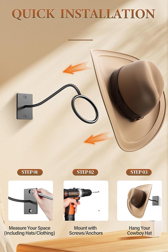 Cinati Cowboy Hat Rack for Wall, 4 Pack Cowboy Hat Holder Wall Mount, Western Rustic Metal Cowboy Hat Hanger, Hat Hooks for Cowboy Hat, Fedora, Sun Hats,Wide Brim Hat Organizer