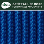 TECEUM Rope – 90 Feet x 1/4 Inch (7mm) – Blue – Strong All-Purpose Utility Rope – Camping, Crafting, Flag Pole, Indoor & Outdoor – Polypropylene Nylon Poly Lightweight Diamond Braided Cord