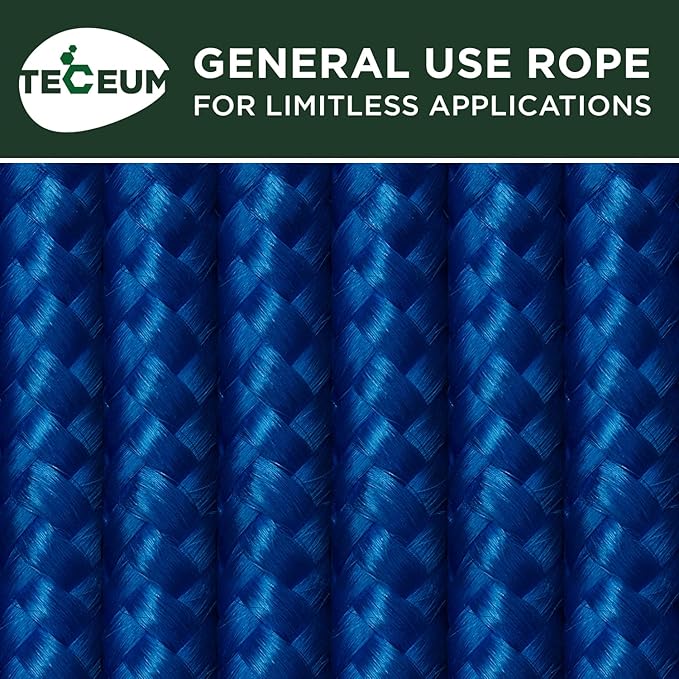 TECEUM Rope – 90 Feet x 1/4 Inch (7mm) – Blue – Strong All-Purpose Utility Rope – Camping, Crafting, Flag Pole, Indoor & Outdoor – Polypropylene Nylon Poly Lightweight Diamond Braided Cord