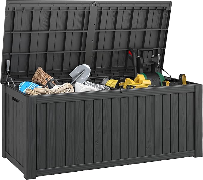 220 Gallon Outdoor Storage Box, Resin Deck Boxes Outdoor Waterproof For Patio Furniture, Garden Tools, Pool Supplies, Lockable And UV Resistant (Striped Black)